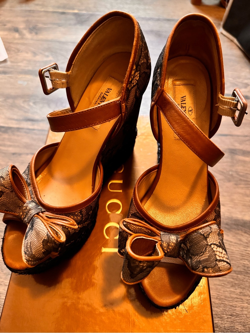 Valentino Brown Lace Bow Wedge Sandals with Ankle Strap